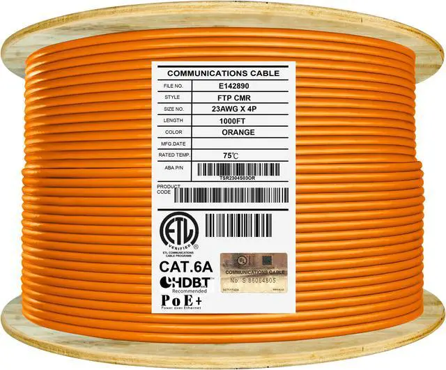 Main image of Elite Cat6a Shielded Riser (CMR), 1000ft, 650MHz, 23AWG, F/UTP, Solid Pure Copper, Rated 10G, Bulk Ethernet Cable Reel, Orange