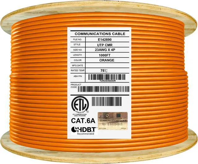 Main image of Elite Cat6a Riser (CMR), 1000ft, 650MHz, 23AWG, U/UTP, Solid Bare Copper, UL Certified,  Bulk Ethernet Cable Reel, Orange