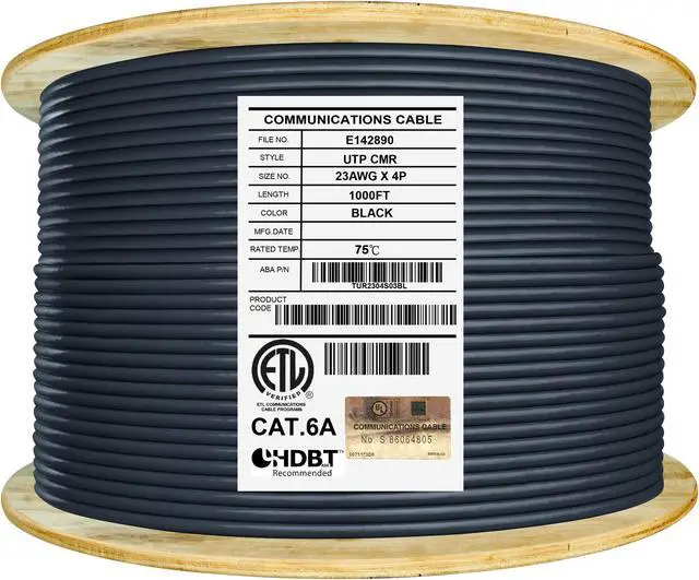 Main image of Elite Cat6a Riser (CMR), 1000ft, 650MHz, 23AWG, U/UTP, Solid Bare Copper, UL Certified,  Bulk Ethernet Cable Reel, Black
