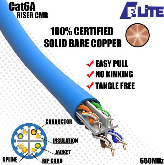 Alt view image 2 of 7 - Elite Cat6a Riser (CMR), 1000ft, 650MHz, 23AWG, U/UTP, Solid Bare Copper, UL Certified,  Bulk Ethernet Cable Reel, Black