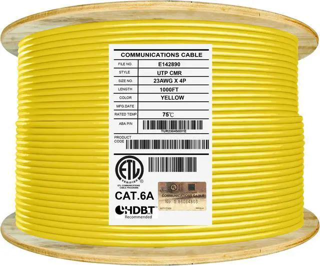 Main image of Elite Cat6a Riser (CMR), 1000ft, 650MHz, 23AWG, U/UTP, Solid Bare Copper, UL Certified,  Bulk Ethernet Cable Reel, Yellow