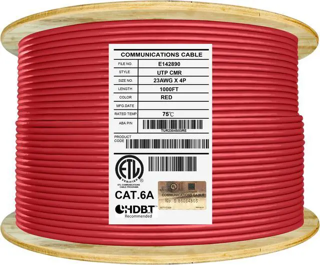 Main image of Elite Cat6a Riser (CMR), 1000ft, 650MHz, 23AWG, U/UTP, Solid Bare Copper, UL Certified,  Bulk Ethernet Cable Reel, Red