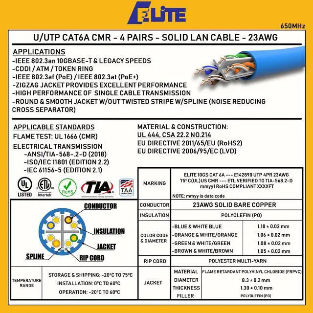 Alt view image 6 of 7 - Elite Cat6a Riser (CMR), 1000ft, 650MHz, 23AWG, U/UTP, Solid Bare Copper, UL Certified,  Bulk Ethernet Cable Reel, Orange