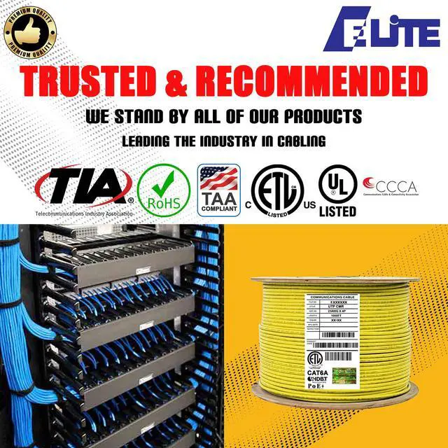 Alt view image 3 of 7 - Elite Cat6a Riser (CMR), 1000ft, 650MHz, 23AWG, U/UTP, Solid Bare Copper, UL Certified,  Bulk Ethernet Cable Reel, Yellow