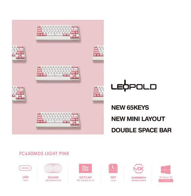 Alt view image 7 of 7 - Leopold FC650MDS White/Pink PD 65% Double Shot PBT Mechanical Keyboard Cherry MX Brown