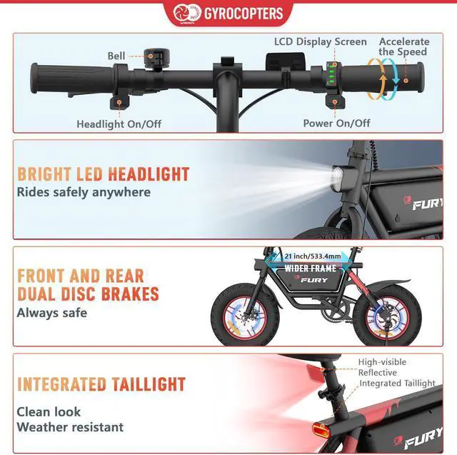 Alt view image 6 of 7 - IMGadgets Gyrocopters Fury Fat Tire Electric Bike 216 Wh Battery 400 W Peak Motor UL-2849 Safety Approved Electric Bike with SMART Anti-theft GPS Tracker