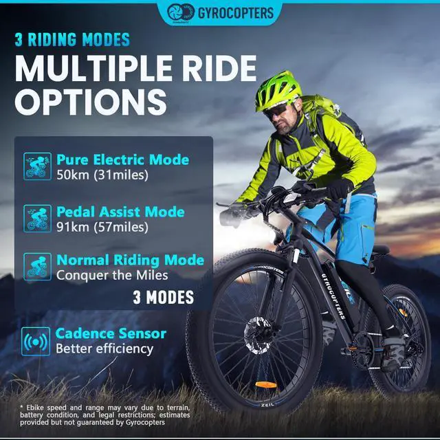 Alt view image 7 of 7 - Gyrocopters Zeil Mountain E- Bike for adults with 500 W Motor | 27.5* 3 tires| Speed up to 40 km/h (25 mph) | PAS Range up to 91 km ( 57mi )| 480 WH Removable Battery| Smart ANTI-THEFT GPS Tracker