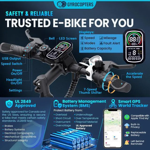 Alt view image 3 of 7 - Gyrocopters Zeil Mountain E- Bike for adults with 500 W Motor | 27.5* 3 tires| Speed up to 40 km/h (25 mph) | PAS Range up to 91 km ( 57mi )| 480 WH Removable Battery| Smart ANTI-THEFT GPS Tracker