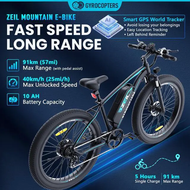 Alt view image 2 of 7 - Gyrocopters Zeil Mountain E- Bike for adults with 500 W Motor | 27.5* 3 tires| Speed up to 40 km/h (25 mph) | PAS Range up to 91 km ( 57mi )| 480 WH Removable Battery| Smart ANTI-THEFT GPS Tracker