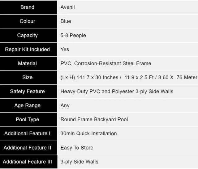 Alt view image 4 of 5 - Avenli Deep Metal Frame Above Ground Swimming Pool Family Swimming Pool | Summer Pool for Kids & Adults | Backyard Pool | 11.9ft x 2.5ft