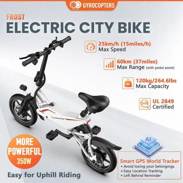 Alt view image 3 of 7 - Gyrocpters Frost Electric City Bike | 350 W Motor, 14-inch tires | Speed 25kmh |Battery Range upto 30km | Dual shocks | Folding Compact ebike