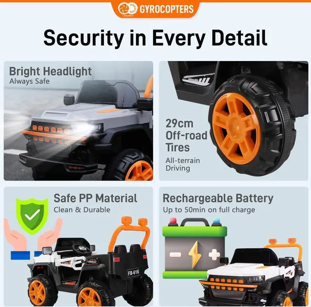 Alt view image 5 of 7 - Kids Ride-On Truck (two-seater) | Speed 5-8km/h | Usage time: Up to 50 min. | LED Headlights | Bumpers | Reflective Mirrors | Rechargeable Battery | Speed & Swing modes | Dual control | Music modes