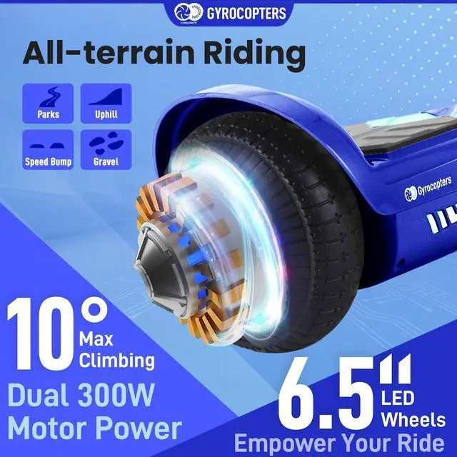 Alt view image 3 of 7 - Gyrocopters Prime All-Terrain Hoverboard | Speed up to 15km/h | 300W Powerful Motor | 6.5 LED wheels | 165 lbs weight capacity | UL2272 certified | 8km range | Blue
