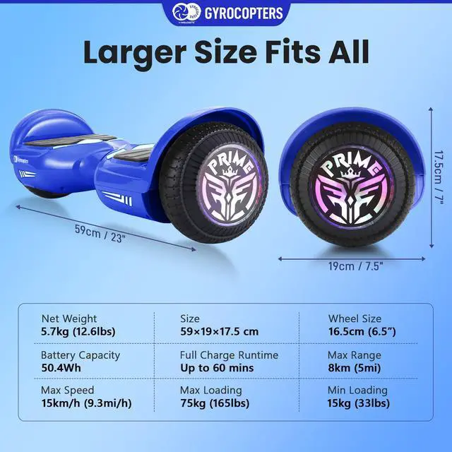 Alt view image 7 of 7 - Gyrocopters Prime All-Terrain Hoverboard | Speed up to 15km/h | 300W Powerful Motor | 6.5 LED wheels | 165 lbs weight capacity | UL2272 certified | 8km range | Blue