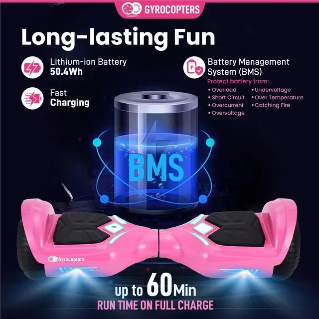 Alt view image 4 of 7 - Gyrocopters Prime All-Terrain Hoverboard | Speed up to 15km/h | 300W Powerful Motor | 6.5 LED wheels | 165 lbs weight capacity | UL2272 certified | 8km range | Pink