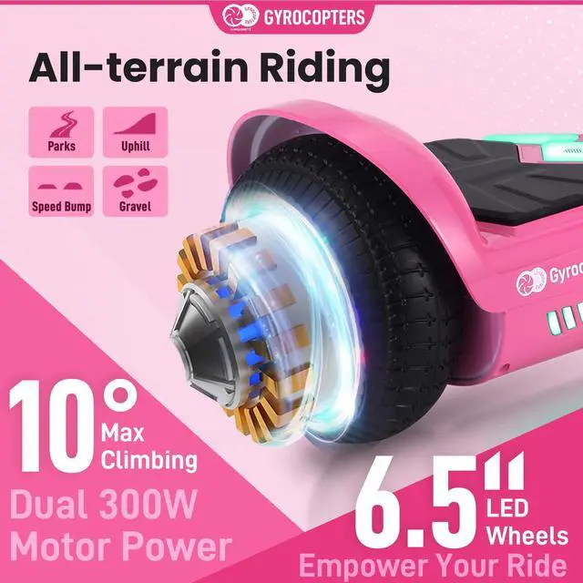 Alt view image 7 of 7 - Gyrocopters Prime All-Terrain Hoverboard | Speed up to 15km/h | 300W Powerful Motor | 6.5 LED wheels | 165 lbs weight capacity | UL2272 certified | 8km range | Pink