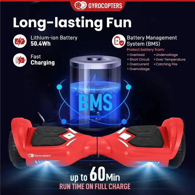 Alt view image 5 of 7 - Gyrocopters Prime All-Terrain Hoverboard | Speed up to 15km/h | 300W Powerful Motor | 6.5 LED wheels | 165 lbs weight capacity | UL2272 certified | 8km range | Red