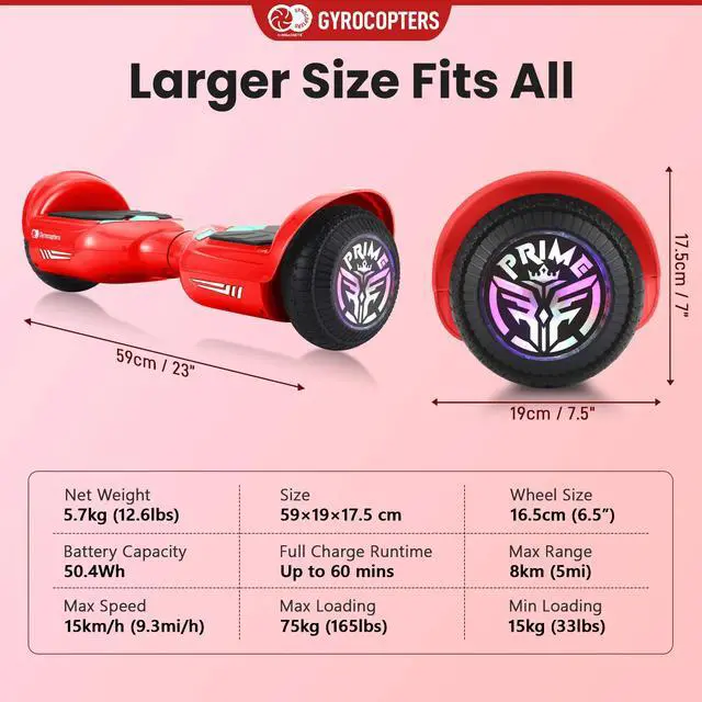 Alt view image 6 of 7 - Gyrocopters Prime All-Terrain Hoverboard | Speed up to 15km/h | 300W Powerful Motor | 6.5 LED wheels | 165 lbs weight capacity | UL2272 certified | 8km range | Red