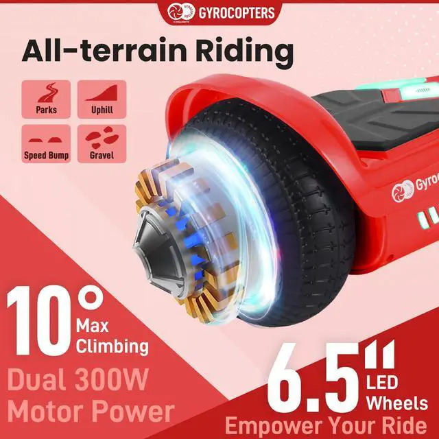 Alt view image 4 of 7 - Gyrocopters Prime All-Terrain Hoverboard | Speed up to 15km/h | 300W Powerful Motor | 6.5 LED wheels | 165 lbs weight capacity | UL2272 certified | 8km range | Red