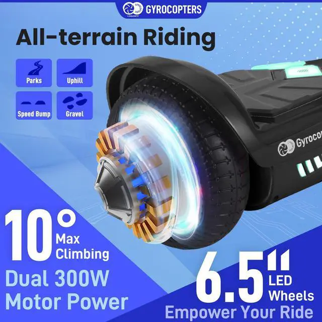 Alt view image 5 of 7 - Gyrocopters Prime All-Terrain Hoverboard | Speed up to 15km/h | 300W Powerful Motor | 6.5 LED wheels | 165lbs weight | UL2272 certified | 8km range | Black