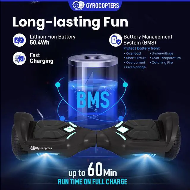 Alt view image 6 of 7 - Gyrocopters Prime All-Terrain Hoverboard | Speed up to 15km/h | 300W Powerful Motor | 6.5 LED wheels | 165lbs weight | UL2272 certified | 8km range | Black