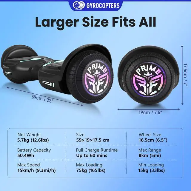 Alt view image 7 of 7 - Gyrocopters Prime All-Terrain Hoverboard | Speed up to 15km/h | 300W Powerful Motor | 6.5 LED wheels | 165lbs weight | UL2272 certified | 8km range | Black