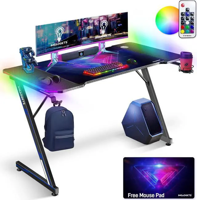 Main image of IMGadgets Z-Shaped Gaming Desk with Dynamic LED lighting & Durable Mouse Pad | 47"x24" Carbon Fiber Surface | 100 kg Load Capacity | Cup Holder | Headphone Hook | Cord Management | Ultimate Gaming Exp