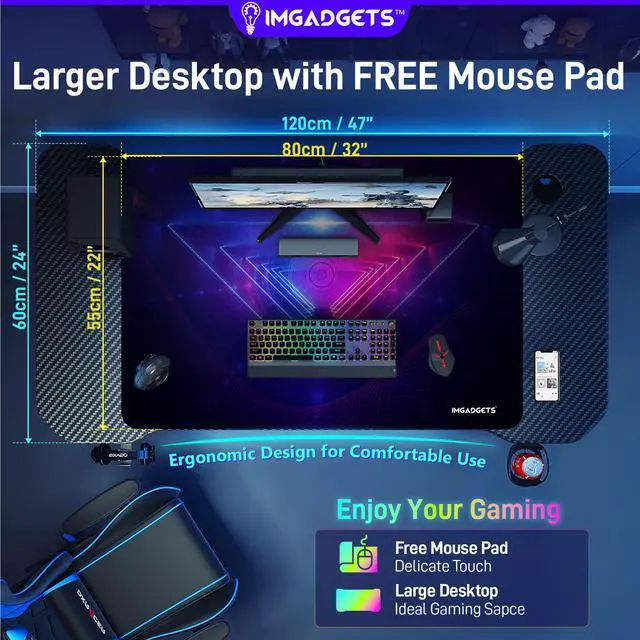 Alt view image 3 of 6 - IMGadgets Z-Shaped Gaming Desk with Dynamic LED lighting & Durable Mouse Pad | 47"x24" Carbon Fiber Surface | 100 kg Load Capacity | Cup Holder | Headphone Hook | Cord Management | Ultimate Gaming Exp