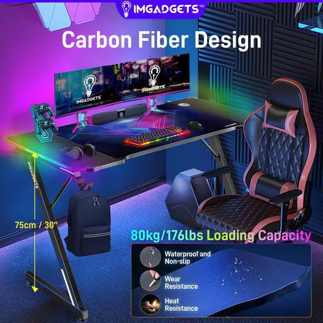 Alt view image 4 of 6 - IMGadgets Z-Shaped Gaming Desk with Dynamic LED lighting & Durable Mouse Pad | 47"x24" Carbon Fiber Surface | 100 kg Load Capacity | Cup Holder | Headphone Hook | Cord Management | Ultimate Gaming Exp