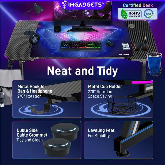 Alt view image 5 of 6 - IMGadgets Z-Shaped Gaming Desk with Dynamic LED lighting & Durable Mouse Pad | 47"x24" Carbon Fiber Surface | 100 kg Load Capacity | Cup Holder | Headphone Hook | Cord Management | Ultimate Gaming Exp