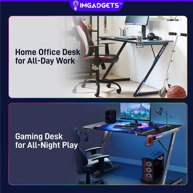 Alt view image 6 of 6 - IMGadgets Z-Shaped Gaming Desk with Dynamic LED lighting & Durable Mouse Pad | 47"x24" Carbon Fiber Surface | 100 kg Load Capacity | Cup Holder | Headphone Hook | Cord Management | Ultimate Gaming Exp