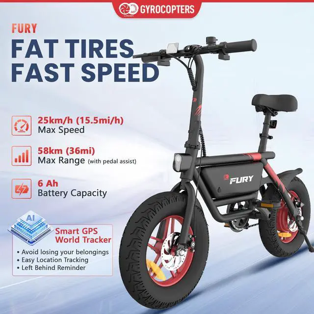 Alt view image 2 of 7 - IMGadgets Gyrocopters Fury Fat Tire Electric Bike 216 Wh Battery 400 W Peak Motor UL-2849 Safety Approved Electric Bike with SMART Anti-theft GPS Tracker