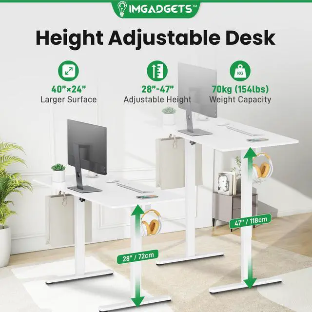 Alt view image 2 of 7 - IMGadgets Standing Electric Adjustable Desk | Large Workspace with 2 hooks | Ergonomic Sit-Stand Desk | 3-Memory Settings | Scratch-Resistant & Waterproof | Quiet Operation <55dB