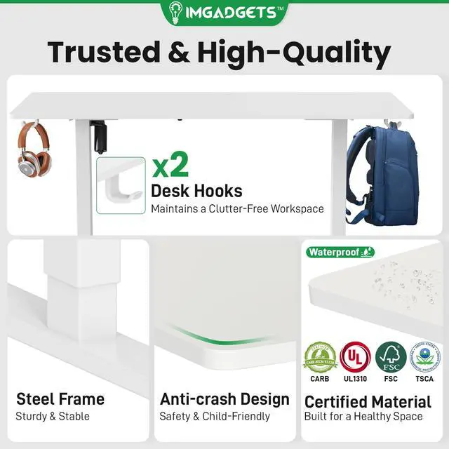 Alt view image 7 of 7 - IMGadgets Standing Electric Adjustable Desk | Large Workspace with 2 hooks | Ergonomic Sit-Stand Desk | 3-Memory Settings | Scratch-Resistant & Waterproof | Quiet Operation <55dB
