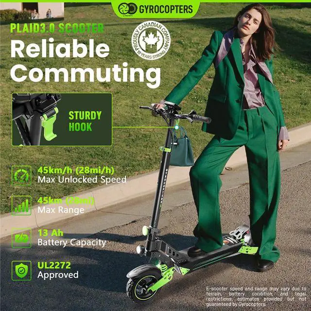 Alt view image 2 of 7 - Gyrocopters Plaid 3.0 Electric Scooter for Adults & Teens | UL 2272 Approved | 10 Durable tires | Speed 45 km/h, Range Upto 40 km | 13 Ah Robust Battery | 850W Powerful Brushless Motor