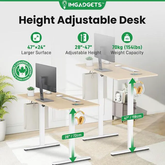 Alt view image 2 of 7 - IMGadgets 47 x 24 Inches Height Adjustable Electric Standing Desk 2024, 5th Gen Quieter Motor Ergonomic Sit Stand Up Home Office Computer Desk with Height Memory Buttons, Display, 2 Headphone Holders