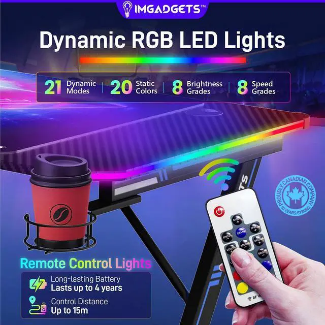 Alt view image 2 of 6 - IMGadgets Z-Shaped Gaming Desk with Dynamic LED lighting & Durable Mouse Pad | 47"x24" Carbon Fiber Surface | 100 kg Load Capacity | Cup Holder | Headphone Hook | Cord Management | Ultimate Gaming Exp