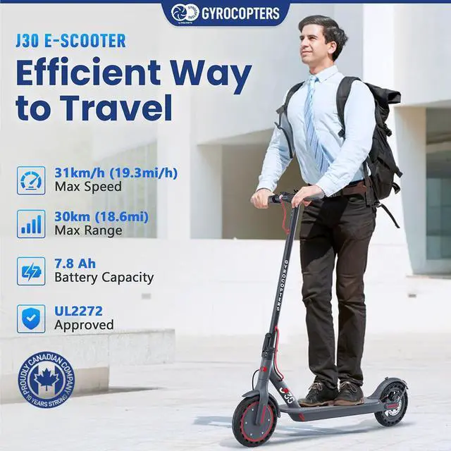 Alt view image 2 of 7 - Gyrocopters J30 Electric Scooter for Adults & Teens | Escooter with App | UL2272 Certified | 31km/h Speed, 30 km Range, 350W Motor | LED Display, 265lbs Load capacity