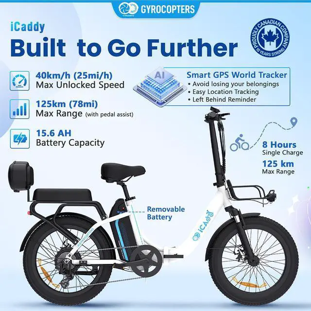 Alt view image 2 of 7 - Gyrocopters iCaddy Foldable Electric Bike | UL 2849 | 650W Peak Brushless DC Motor | 15.6AH Battery | Up to 125 km PAS Range | Speed Up to 40 km/h | Cushioned Seat & Backrest | Front Basket