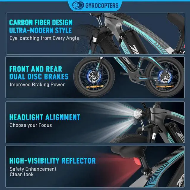 Alt view image 4 of 7 - Gyrocopters Zapphire Mountain E-Bike | UL 2849 | 42V 10Ah Lithium-Ion Battery | Up to 91 km Range | 3 Riding Modes | SHIMANO 7-Speed Gear | GPS Tracker | Lightweight Carbon Fiber Frame | 20×3" Fat Tir