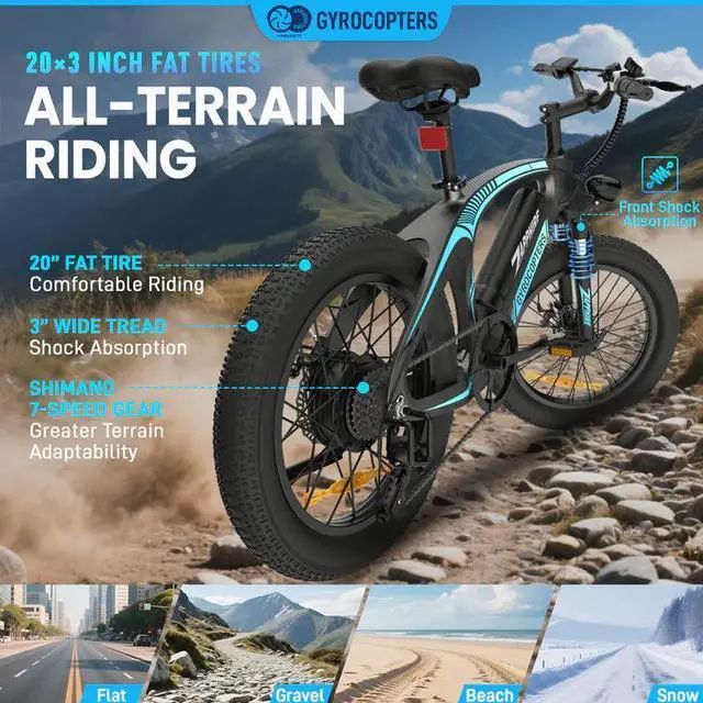 Alt view image 3 of 7 - Gyrocopters Zapphire Mountain E-Bike | UL 2849 | 42V 10Ah Lithium-Ion Battery | Up to 91 km Range | 3 Riding Modes | SHIMANO 7-Speed Gear | GPS Tracker | Lightweight Carbon Fiber Frame | 20×3" Fat Tir