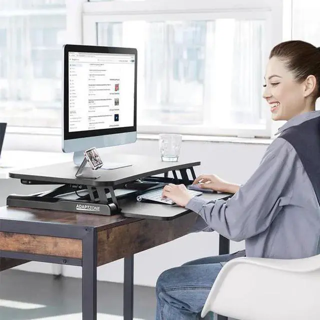 Alt view image 7 of 7 - Adjustable Sit-Stand Desk Riser | 35" Wide Surface | 35 lbs Capacity | Ergonomic Height Range (4.3"19.3") | Removable Keyboard Tray | Non-Slip Base | Minimal Assembly | Wood & Metal Construction