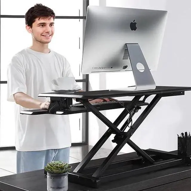 Alt view image 4 of 7 - Adjustable Sit-Stand Desk Riser | 33" Wide Surface | 35 lbs Capacity | Ergonomic Height Range (4.3"19.3") | Removable Keyboard Tray | Non-Slip Base | Minimal Assembly | Wood & Metal Construction