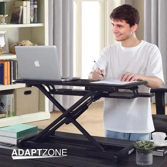 Alt view image 5 of 7 - Adjustable Sit-Stand Desk Riser | 33" Wide Surface | 35 lbs Capacity | Ergonomic Height Range (4.3"19.3") | Removable Keyboard Tray | Non-Slip Base | Minimal Assembly | Wood & Metal Construction