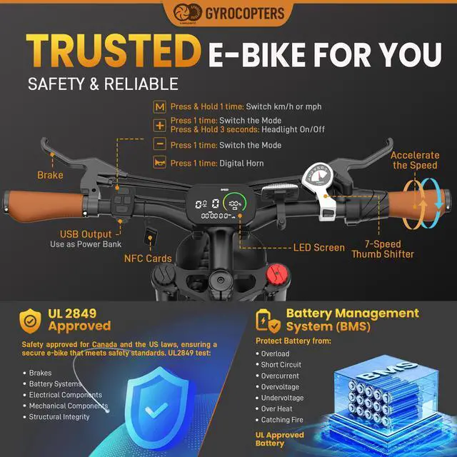 Alt view image 7 of 7 - Gyrocopters Ocean Mountain E-Bike | UL Approved | 1500W Peak Motor | 15.6Ah Battery | Up to 115km PAS Range | Triple-Suspension | GPS Tracker | SHIMANO 7-Speed | Hydraulic Disc Brakes