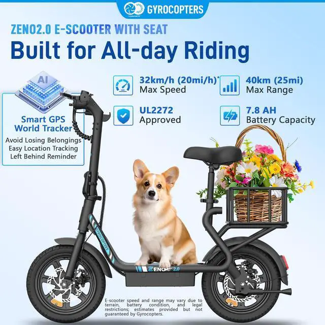Alt view image 2 of 7 - Gyrocopters Zeno 2.0 Electric Scooter | UL2272 Approved | 500W Motor (Peak Power) | 32 km/h Max Speed | Up to 40 km Range | Shock-Absorbing Adjustable Seat | Anti-Theft GPS | All-Terrain 14 Tires