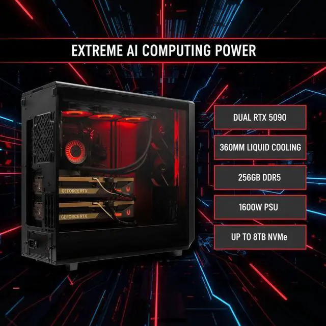 Alt view image 2 of 7 - ArsenalPC MES2X Dual GPU Workstation - AMD Ryzen 9-9950X3D 16 core 4.3GHz - Dual GPU GeForce RTX 5090 - 8TB (2x4TB RAID) NVMe SSD - 256GB DDR5 (4X64GB) - 1600W - Windows 11 Liquid Cooled AI ML PC