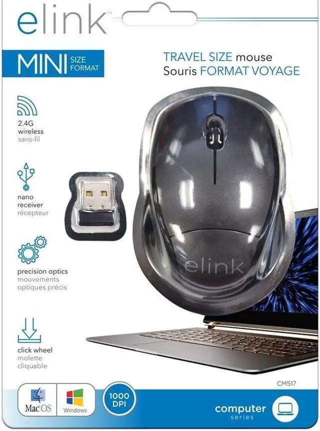 Alt view image 3 of 3 - Elink CM517 - Travel Size Wireless Optical Mouse with Click Wheel and Nano Receiver, Gray