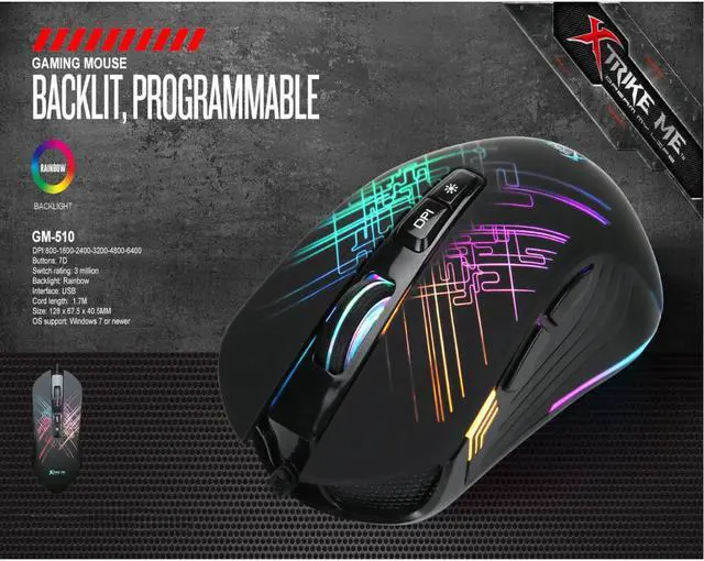 Alt view image 4 of 6 - Xtrike Me GM-510 - Optical Gaming Mouse, Wired with 7 Buttons and Backlight, 800 to 6400 DPI, Black