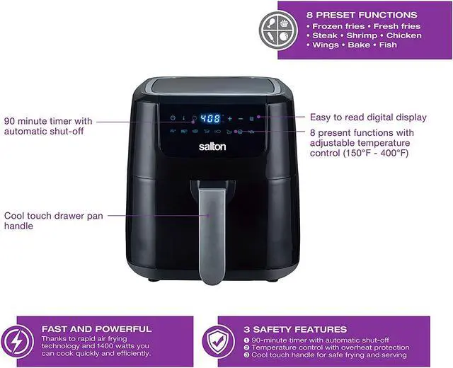 Alt view image 4 of 6 - Salton Digital Air Fryer XL, 5L Capacity with 8 Preset Functions, Black AF2085